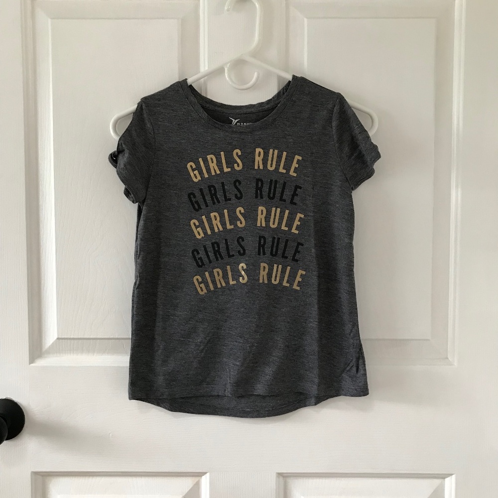 Old Navy Active gray gold Girls Rule Tee shoulder cutouts Girls Size 10 /12